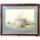 JAMES SCRIMGEOUR MANN (1883-1946) Dockyard scene with battleship Watercolour Signed 29.