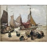 ALEXANDER BROWNLIE DOCHARTY (1862-1940) Unloading The Catch On The Dutch Coast Oil on canvas 42.5