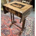 Victorian walnut inlaid drop leaf side table with serpentine edge, the inlaid top with marquetry