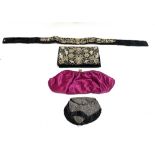 A black velvet evening bag, floral decorated with gold & silver coloured thread, 12.5 x 20cm & a