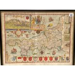JOHN SPEED 'Cornwall' hand coloured copper engraved map of Cornwall, 1630, 39cm x 51.5cm