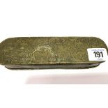 A 19th century Dutch copper and brass hinged oblong box, the lid and base with foliate scroll