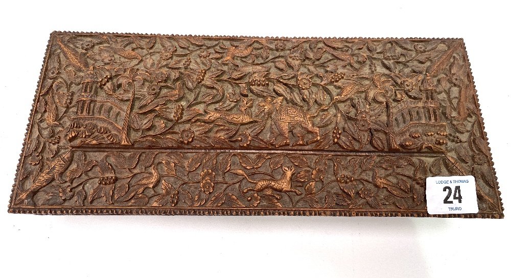 An Indian carved teak rectangular hinge lidded stationery box, with caddy top, the whole profusely - Image 2 of 3