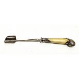 A Victorian silver mounted ivory handled stilton scoop with pistol shaped handle, length 25cm, maker