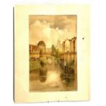 LOUIS BURLEIGH BRUHL (1861-1942) River view Bruges Watercolour Signed 50 x 31.5cm