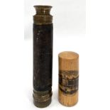 A small 19th century lacquered brass and leather covered three drawer telescope; together with a