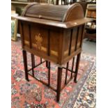 Good early 20th Century Arts and Crafts mahogany inlaid tambour top work table, the tambour