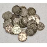 Quantity of pre-1947 silver & .50 silver threepence coins, weight 68g approx