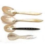 A pair of mother of pearl spoons, length 17cm; together with two other mother of pearl spoons.