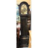 Oak cased three train grandmother clock with 7.5in brass arched dial inscribed 'TEMPUS FUGIT',