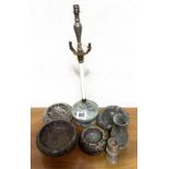 Cornish serpentine table lamp base together with four serpentine bowls, a candlestick & a vase (7)