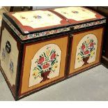 Scandinavian style painted pine metal bound domed chest, floral painted, width 100cm.