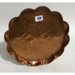 Herbert Dyer Newlyn copper tray with scalloped rim and stamped design, stamped H. DYER, diameter