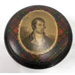A Mauchline Tartan Ware cotton box, the lid with a printed oval panel depicting Robert Burns,