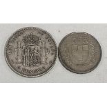 Spanish 5 pesetas coin, 1892; together with a Belgian 50 franc coin 1939