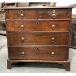 Small 18th Century and later oak chest of drawers, the moulded top over two short over three long