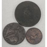 George III half penny, 1772; together with a George III 1806 farthing & George III penny 1806
