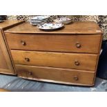 Ercol pale elm bedroom chest of three drawers, width 91cm.