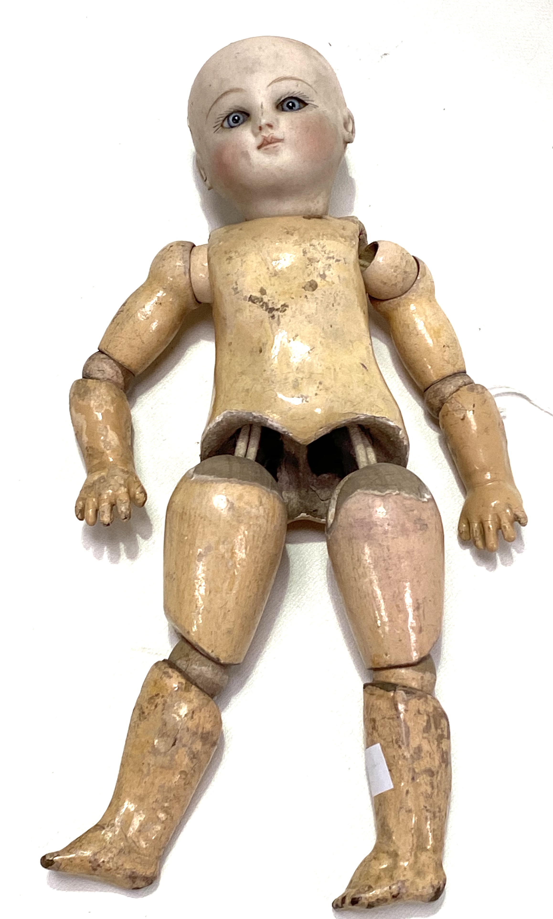 19th Century painted pine peg doll with detached legs and arm (one arm missing), height 37cm approx; - Image 11 of 18