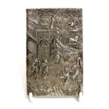 A Chinese export silver card case, embossed and chased to one side with a pagoda garden with