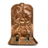 Newlyn copper wall sconce, the back plate embossed with four fish, the base plate with kelp and with