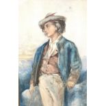 19th Century Continental School quarter length portrait of a pensive young man, a landscape beyond