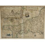 17th Century hand coloured copper engraved map of Cornwall 'Cornwall Olim Pars Danmoniorum' After