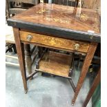 Rosewood inlaid envelope two tier card table with single drawer, the urn foliate swag inlaid top