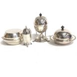 Silver plated spirit egg coddler; together with two muffin dishes and a cardinal plate patent