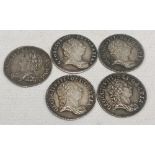 Four George III threepence coins, of good grades, 3x 1962 & 1x 1786; together with a George II