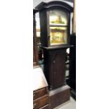 Unusual early 19th Century eight day long case clock, the 18in painted wood dial painted with