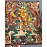 Tibetan Thanka painted on canvas and depicting a central seated Buddha with a lion on his lap and