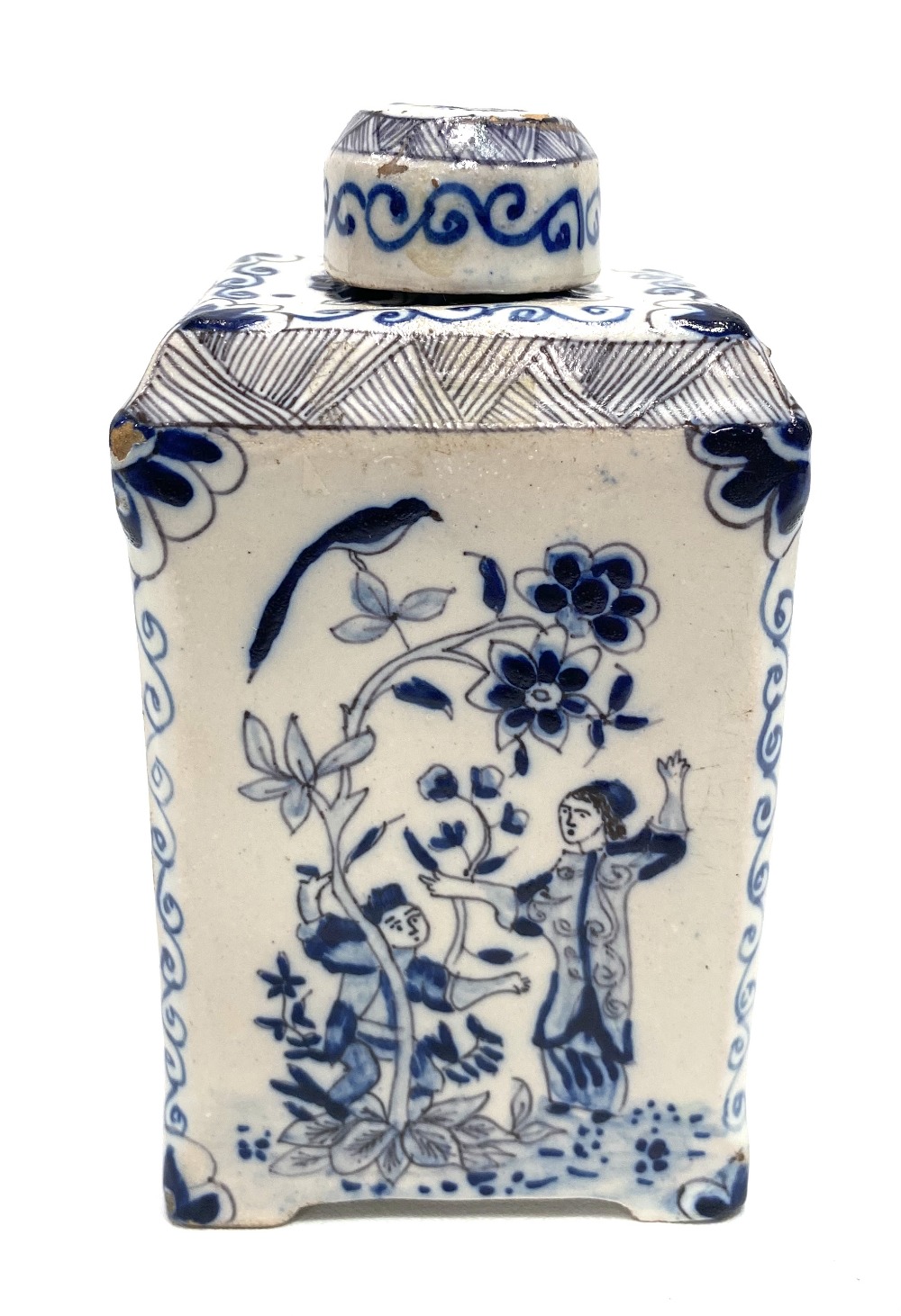 An 18th century Dutch blue and white Delft square section tea caddy, chinoiserie decorated,