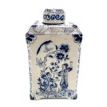 An 18th century Dutch blue and white Delft square section tea caddy, chinoiserie decorated,