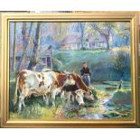 RAYMOUND LOUIS LECOURT (1882-1946) Watering The Cattle Oil on canvas Signed and dated 1921 62 x