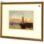 ROBERT JOBLING Busy harbour scene at dusk Oil on board Signed and dated 1872 19.5cm x 27.5cm