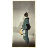 Style of Hiroshige Geisha carrying a lantern Woodblock print Calligraphy and red seal mark 17.4 x