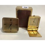 Jaeger Le Coultre two day alarm travel clock with brass dial and Arabic luminous hours and hands,