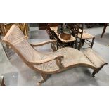 19th Century Anglo-Indian teak cane seated lounger or day bed, the arm rests with swan neck and head