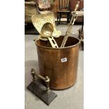 Copper coal bin with brass swing handle; together with six fireside implements.