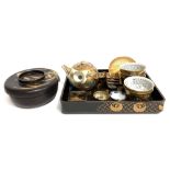 Japanese lacquer lidded bowl & tray; together with a Japanese eggshell tea pot & five bowls etc