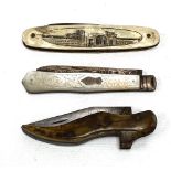 Victorian folding pocketknife with tortoiseshell handle in the form of a shoe; together with two