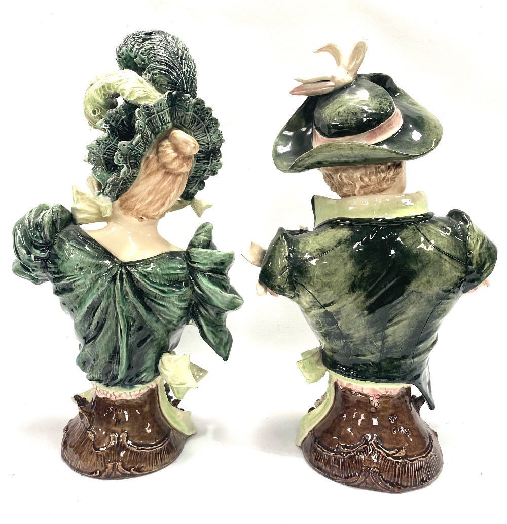 A pair of large German pottery busts modelled as a lady and gallant, the backs impressed W 2053 & - Image 2 of 2
