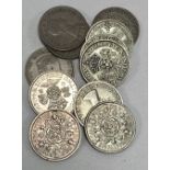 Six pre-1947 .500 two shilling coins; together with five Elizabeth II 2 shilling coins.