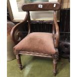Victorian child's mahogany elbow chair with scroll arms and drop in upholstered seat.