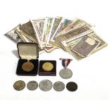 Quantity of commemorative tokens including Victoria Diamond Jubilee & a bag of foreign bank notes