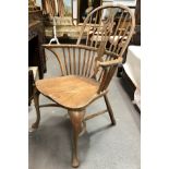 George III style Windsor elbow chair with vase pierced splat over an elm seat and on cabriole