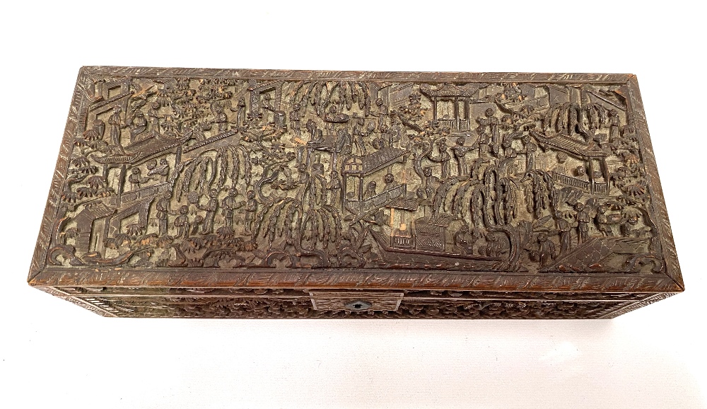 A 19th century Cantonese carved wood rectangular hinge lidded box, profusely carved all over with - Image 2 of 4