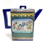 A Chinese Yizing glazed rectangular section teapot, decorated with opposing reserves of children