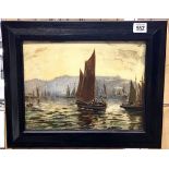 A.W. HIGHAM A Busy Harbour Oil on board Signed 22 x 29.5cm